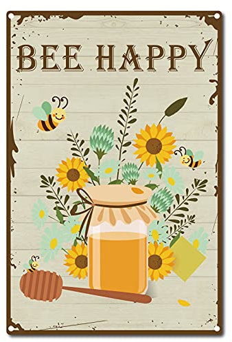 CREATCABIN Retro Vintage Cartel de Chapa Bee Happy Metal Decoración de Pared Decoración Mural de Arte para el Hogar Jardín Cocina Bar Pub Sala de Estar Oficina Garaje Cartel Placa 12 x 8 Pulgada