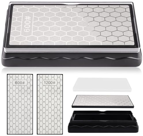 Double-Sided Diamond Sharpening Stone, Kalolary Knife Sharpener Stone Whetstone Honeycomb Surface Plate with Non-slip Base for Scissors Knives Outdoor Kitchen Sharpen Tools (600/1200 Grit, 150 x 63mm)