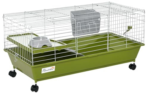PawHut Jaula para animales pequeños, conejos, cobayas, chinchillas, jaula con ruedas, botella de agua, plato de comida, rampa de plataforma, 89 x 44 x 43 cm, verde