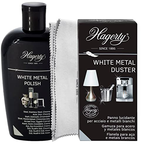 Hagerty White Metal Duster Panno Pulente Detergente Azione Antiossidante per Acciaio e Metalli Bianchi + Hagerty White Metal Polish Fluido Pulitore per Acciaio Inox e Cromo da 250ml - 2 Prodotti