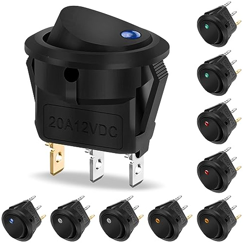 10 stycken vippbrytare 12 V DC 20 A, Hanibos vippbrytare 12 V belyst rund med 5 LED-färger bil låsbar med självlåsning, rund strömbrytare för bil, båt, hushållsapparater