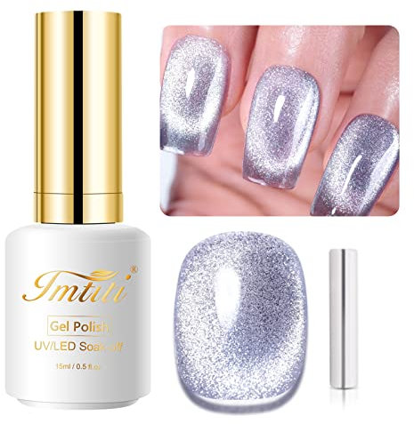 Imtiti Grey Blue Color Gel Nail Polish, 15ML Holographic 9D Cat Eyes Glitter Magnetic Gel Polish with Magnetic Stick Set