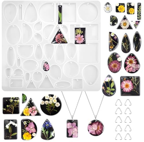 38 Cavité Moule Resine Epoxy Bijoux, Moule Silicone Bijoux, Époxy Résine Lot Moulage Bijoux Silicone Moules Outils, Moule Bijoux Resine Epoxy, pour Collier, Pendentif et Boucles D'oreilles