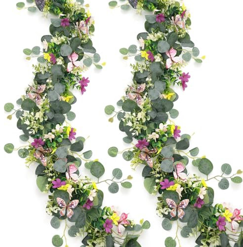 ASTNIC 2 Stück 5.68FT Künstliche Blumengirlande Deko Eukalyptus Girlande mit 3D Schmetterlinge Gefälschte Gänseblümchenreben Hängende Grün Girlande für Tischdeko Hochzeit Garten Wand Party Dekor