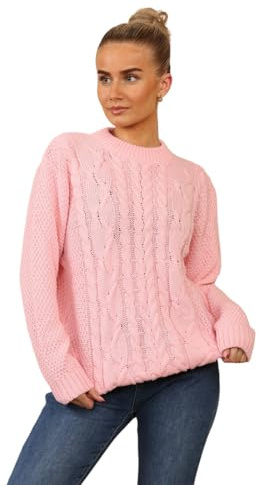 MyShoeStore Ladies Knitted Cable Knit Jumpers Womens Crew Neck Casual Lightweight Fisherman Baggy Oversize Chunky Vintage Long Sleeve Pullover Warm Winter Sweaters Tops (Pink, S/M)
