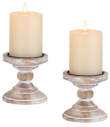 Inweder Wooden Candle Holders for Pillar Candles: 2 pcs White Rustic Candle Holders Distressed Wooden Farmhouse Candleholder for Home Decor Tall Pillar Candle Holder Stand for Fireplace Party Event