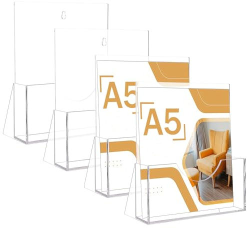 ZOFUN 4 Pcs A5 Disply Stands, 15.2 x 3.8 x 18.2 cm A5 Brochure Stands Freely Stand, A5 Leaflet Holder with Hangding Hole, Acrylic Leaflet Display Stands for Office Restaurants Reception