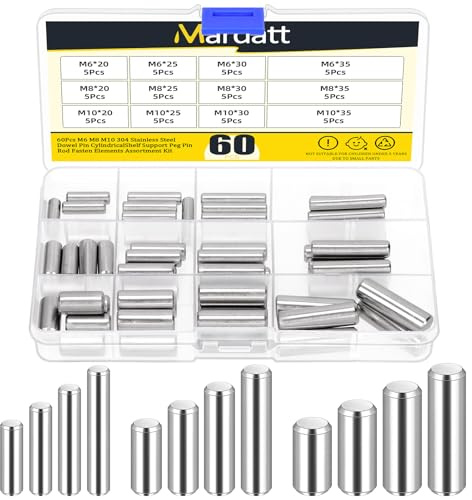 Mardatt 60Pcs 12 Size M6 M8 M10 304 Stainless Steel Dowel Pin Shelf Support Peg Pin Rod Fasten Elements Cylindrical Peg Pin for Metal Devices, Furniture Installation