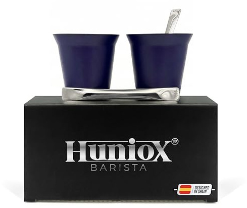 Huniox® 2 X 80 Ml | Copo Cafe – Juego Cafe – Spresso Machiato – Taza Cafe Espresso Acero – Tazas Expresso – Vasos De Cafe | Incluye 2 Cucharillas De Diseño (Amethyst, 80 Ml)