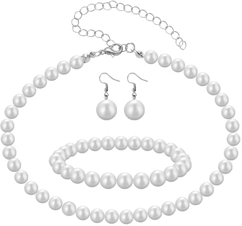 HekouJiub Parure de Bijoux en Perles Blanches pour Femme Ensemble de Bijoux de Mariage Collier Bracelet Boucles D'oreilles Tendance Ensemble pour Femmes Bal de Promo