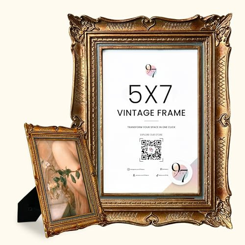 97 Decor 5x7 Antique Picture Frame - Gold Vintage Picture Frames 5x7, Ornate Frames 5 X 7 With Glass Front For Tabletop Photo Display And Wall Hanging, Victorian Poster Frame 5 By 7