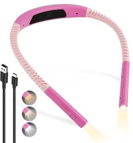 AUAUY LED Luce Lettura Collo, Luce per Lettura Libri a Letto Collo, Timer 30/60min, 3 Colori, 5 Livelli di Luminosità, Lampada da per Libro Ricaricabile, per Studio,Viaggi e Maglia, Rosa