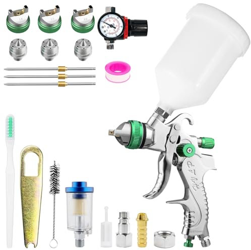 HVLP Professionnel Pistolet à Peinture à Alimentation par Gravité avec 3 Buses 1.4/1.7/2.0mm Coupe 600cc Régulateur d'air Pistolet à Peinture Automatique pour la Réparation de Voitures (Vert)