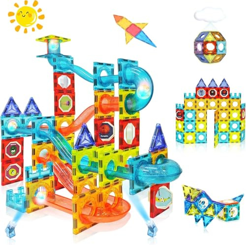 Magnetische Kugelbahn Bausteine – 75-teiliges Set mit LED-Kugeln – Mint Lernspiel für Kinder ab 3 – Robuster ABS-Kunststoff, erweiterbar & kompatibel