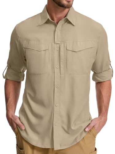 Winebox Men's Safari Long Sleeve UV Protection Quick Dry Hiking Shirt Khaki