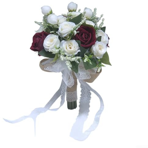 Desiumite Elegante ramo de rosas artificiales con cinta de encaje para novia, arreglo floral de mano en blanco vino tinto, exhibición floral decorativa (rojo vino)