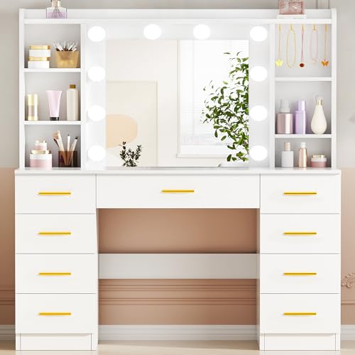 ANWBROAD Dressing Table with Mirror and 10 LED Light Globes 3 Light Colours Adjustable Brightness Vanity Desk with 9 Drawers 6 Open Shelves 5 Hooks Modern Makeup Table White YBDT89W