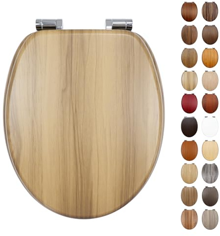 Fanmitrk Toilet Seat Wooden Soft Close with Adjustable Solid Zinc Alloy Hinges, MDF Wood Oval Toilet Seat with Bottom Fixings, Easy to Clean and Install (BL104-1)