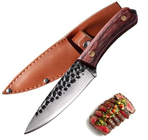 Fubinaty Small Chef Knife Japanese 4 Inch Steak Knife Handmade Forged High Carbon Steel Kitchen Cook Knives Full Tang Paring Knife with Sheath and Wooden Handle for Home and Outdoor Cooking