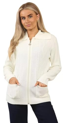 Women’s Zip Up Cable Knit Cardigan – Chunky Knit Jumper with Pockets | Soft Warm Ladies Winter Zip Through Sweater | Long Sleeve Collared Knitwear Jacket for Autumn & Casual Wear