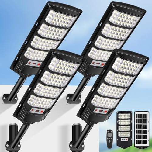 600W Lampione Solare Led Esterno 4 pezzi,IP66 Impermeabile Faretto Stradale con Sensore di Movimento,6500K Lampioni da Giardino Esterno Solari per Garage Strada