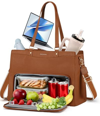 RAINSMORE Teacher Bag 15.6 Inch Laptop Bag with Lunch Compartment PU Leather Laptop Tote Bags for Women Professional Work Bag for College Office Brown