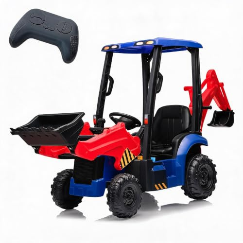 ZoomBuggy 12V Tracteur Électrique pour Enfants avec Pelle Mécanique | Tractopelle Enfant à Bras Réglable, Excavatrice Télécommandée avec Plafond Amovible, 2-4 km/h, pour Enfants 3+ Ans, Rouge