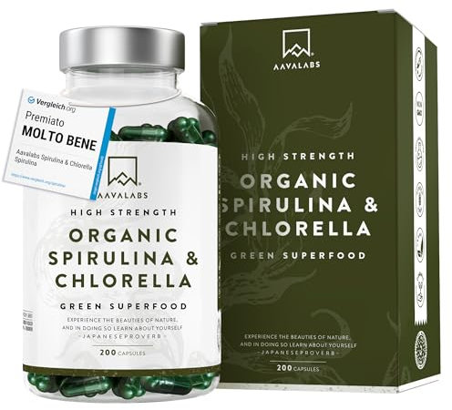 Spirulina & Chlorella Bio [1800 mg] AAVALABS - Alga Spirulina Bio Compresse - Clorella e Spirulina Polvere da Alghe Naturali di Alta Qualità con Fitonutrienti - Ideale per Frullati - 200 Capsule Vegan