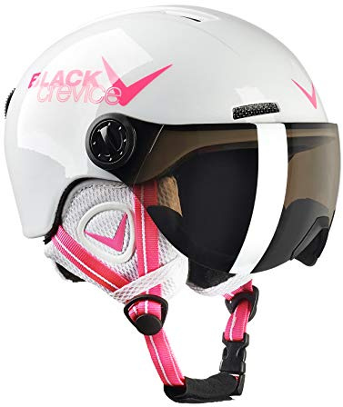 BLACK CREVICE Casco da sci per bambini Leogang I Casco da sci con visiera stile pilota in diversi colori I Casco da snowboard unisex I Casco da sci (52-54, Bianco/Lucido Rosa)