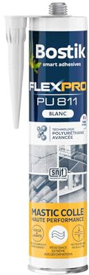 Bostik Mastic Colle Flexpro PU811 – Colle et Jointe Tous Matériaux – Multi-Usages – Intérieur/Extérieur et Milieux Humides – Formule Polyuréthane Haute Performance – Couleur : Blanc – 300 ml