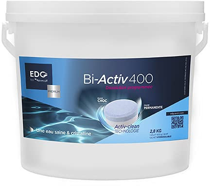 EDG by AQUALUX INTERNATIONAL Chlore Choc Et Multi Fonctions Longue Durée Piscine - Double Effet - Seau 2,8 kg - Méga Galets 400g - Sachet Hydrosoluble sans Contact - Traitement Permanent Bassin