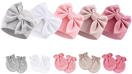 BQUBO Newborn Baby Girls Hats Mittens Set Hospital Hat Beanie Infant Bow Hats Baby Cotton Gloves No Scratch Mittens for 0-6 Months