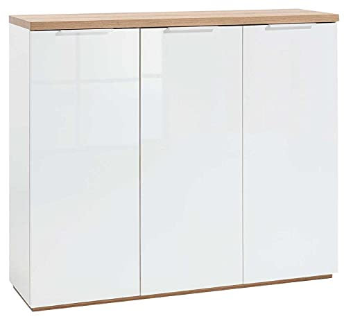 Kommode Sideboard Mehrzweckschrank | Dekor | Weiß Hochglanz | Riviera Eiche | 3 Türen