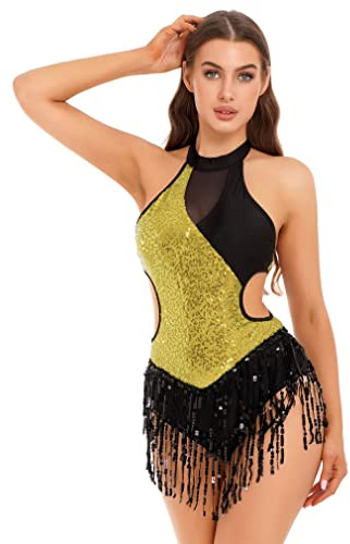 FEESHOW Fringe Leotard Sparkly Sequin Leotard Women Latin Dance Bodysuit Gymnastics Dancewear 2678#Gold Small