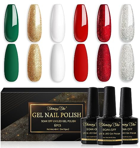 Shining She UV Nagellack, 6 Farben Glitzer Grün Gold Rot Weiss Gel Nagellack Weihnachten Set Soak-Off UV Gel Nail Polish Geeignet für Anfänger Nail Art Salon DIY Home, 8ML