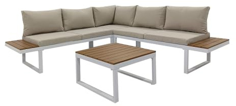 Rebecca Mobili Set Salotto da Esterno Modulare, Divani da Esterno con Tavolino, 2 Divani 1 Tavolo, Bianco Marrone, Alluminio Materiale composito, Cuscini Inclusi - con 4 Posti - Art. RE6991