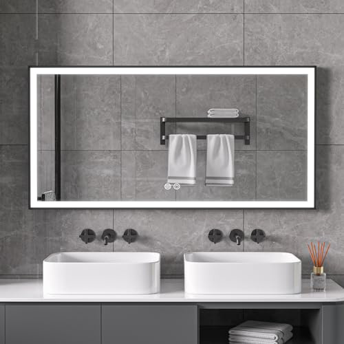 Miroir avec cadre noir LED anti-buée 60 x 120 cm