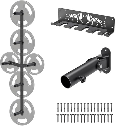 Kipika Gym Organizer Set Wandmontiertes Hantelscheiben-Aufbewahrungsregal (4 Pegs und 2-Gewichts-Flügel), Langhantel-Aufbewahrungsregal mit T-Stange, Reihe, Landminen-Plattform-Befestigung, langlebige