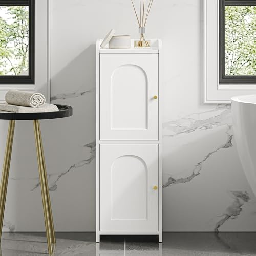 Hzuaneri Armario de Baño, Mueble para Baño con 2 Puertas y Estante Ajustable, Armario Estrecho para Papel Higiénico, Organizador de para Espacios Pequeños, Blanco BC19913X