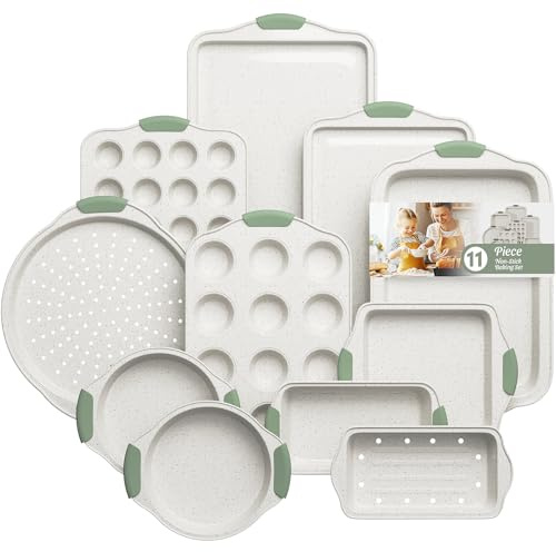 Slow Slog 11-Piece Non-Toxic Baking Set, Stackable Nonstick Cookware with Heat-Resistant Handles - Includes Cookie Tray, Round Cake Pan, Muffin Cups, Pizza Pan & Loaf Baker, White&Light Green