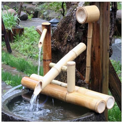 Fontana in bambù in stile giapponese con pompa, fontana d'acqua naturale per esterni, fatta a mano, facile installazione per decorazioni da giardino
