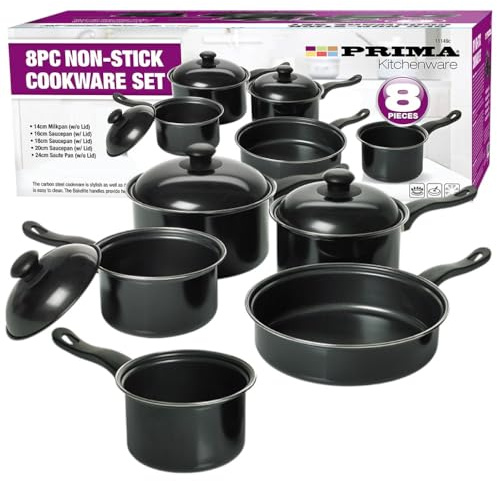 HomeVibe 8-Piece Non-Stick Carbon Steel Saucepan Set | Durable Cookware Set with Glass Lids & Bakelite Handles | Induction Compatible Pots & Pans for Home Kitchen Cooking