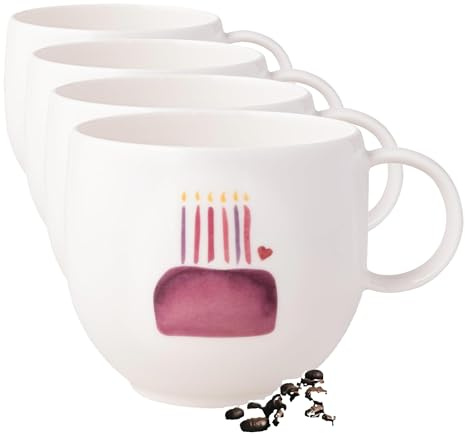 Villeroy & Boch – With Love Taza con asa Happy Birthday 12,5x9,5x8,5cm, porcelana premium, regalo, taza de café y té, tazón, 290 ml, apta para lavavajillas y microondas (Paquete de 4)