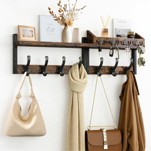 Yalitrca 4 in 1 Wooden Coat Hooks, Coat Rack Shelf Wall Mounted, 73.6cm L Entryway Coat Hanger with 7 Hooks, Key Holder for Kitchen, Bathroom, Living Room