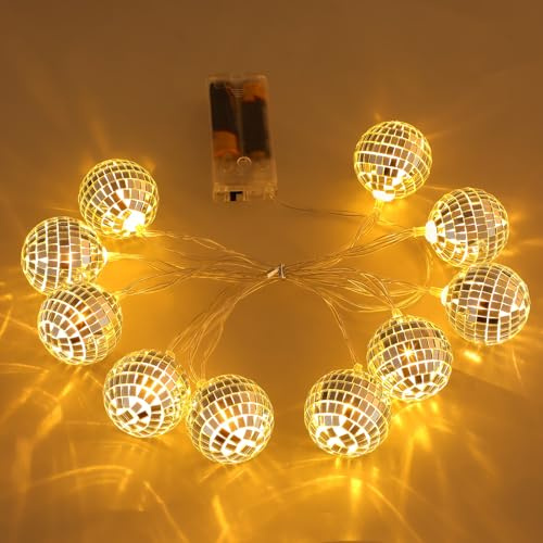UKCOCO Mirror Ball String Lights, Silver Glass Tiles, 10 LEDs | Warm white 2700K glow, battery operated, lightweight hanging decor, indoor and sheltered outdoor parties
