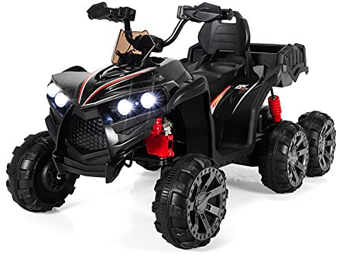 COSTWAY 6 Wheels Kids Electric ATV, 12V Battery Powered Vehicle with 4 Motors, Back Trunk, LED Lights, Music, Story, USB, Ride on Car Quad for Boys Girls (Black)
