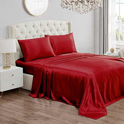 Juicy Couture Queen Size Satin Bed Sheet Set, Deep Pocket Silky Queen Sheet Set with 1 Fitted Sheet, 1 Flat Sheet and 2 Pillow Case, Wrinkle Resistant and Anti Pilling Bed Sheets - Red