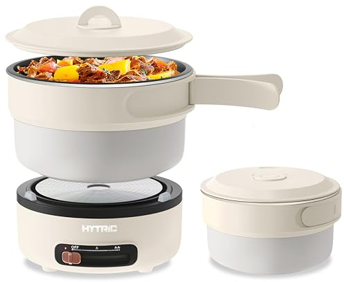 HYTRIC Electric Cooker, 2L Portable Electric Cooker with Foldable Handle, Non-Stick Electric Cooker with Dual Power Control for Camp, Dorm, Multi-Function Ramen Cooker for Oatmeal, Steak, Pasta,