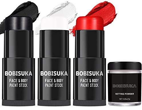 BOBISUKA Halloween Peinture Visage (Noir+Blanc+Rose) avec Poudre de Réglage, Peinture Corporelle Face Paint Stick pour Théâtre, Fêtes, Evénements Scolaires, Carnavals, Clowns, Squelettes, Zombies