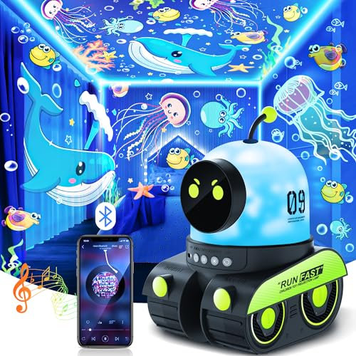 PIKOY Robot Night Light Films for Kids, Bluetooth Baby Night Light Projector, Rechargeable 360° Black